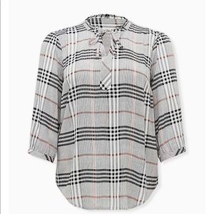 Torrid Black & Peach Plaid Twill Peasant Blouse M/L